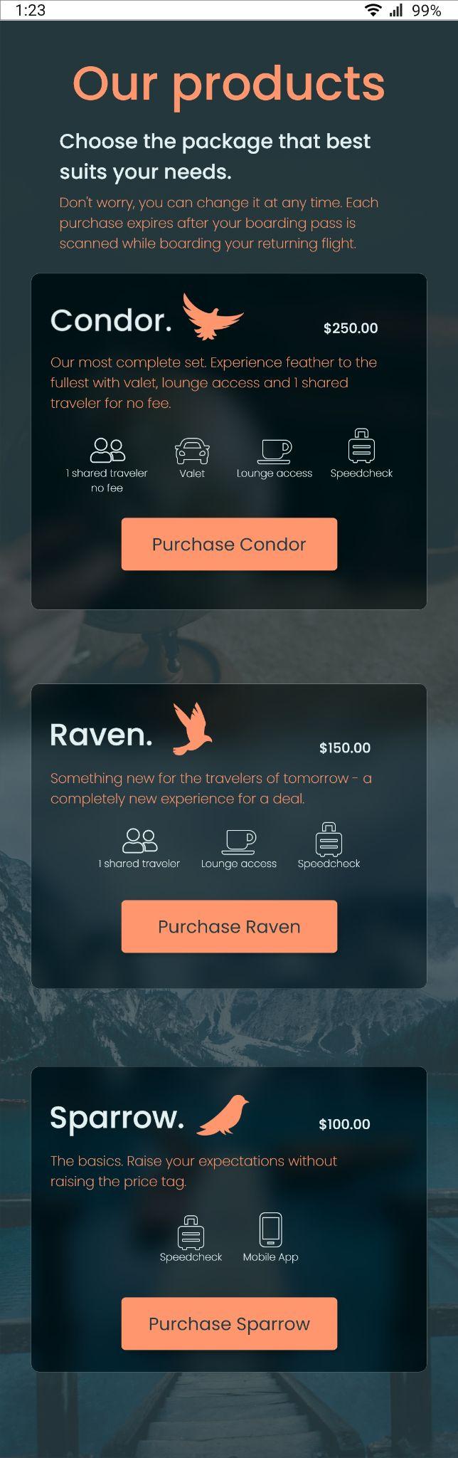 Feather package selection screen showing Condor, Raven, and Sparrow service tiers