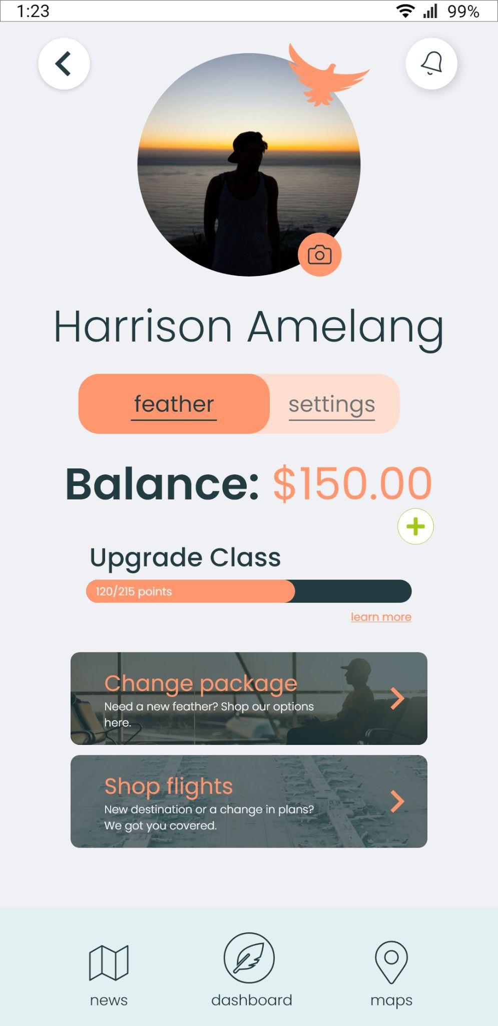 Feather account screen showing balance, upgrade progress, and package controls