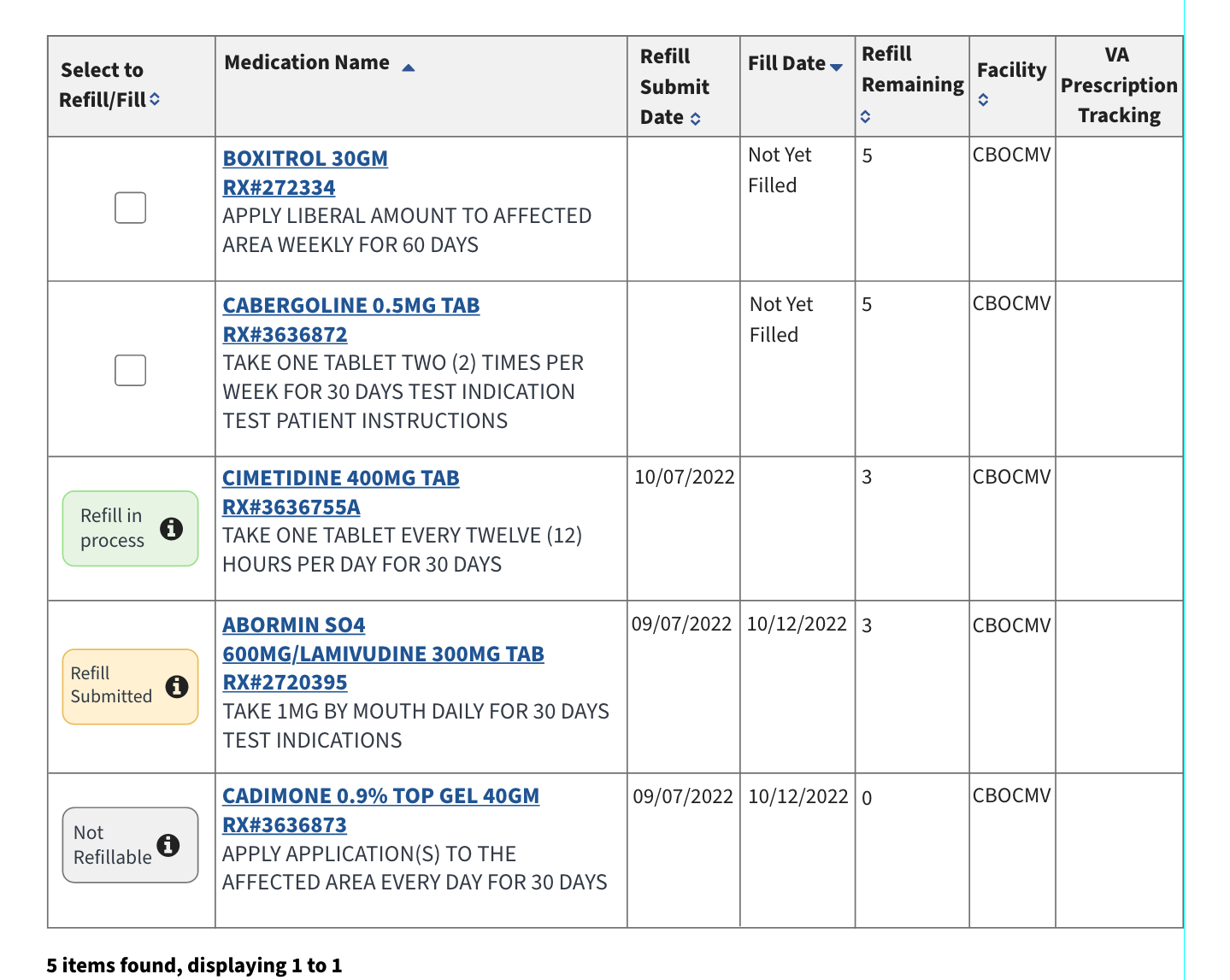 My HealtheVet prescriptions table showing refill status labels