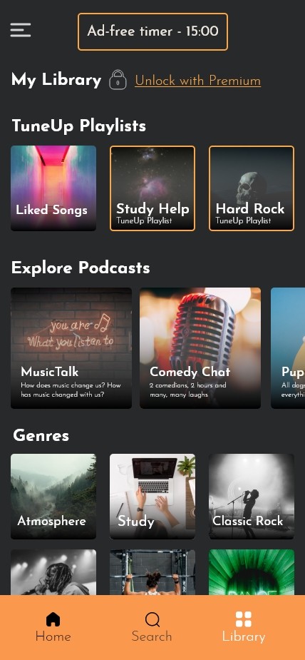 TuneUp free library with an ad-free timer, TuneUp playlists, podcasts, and genres